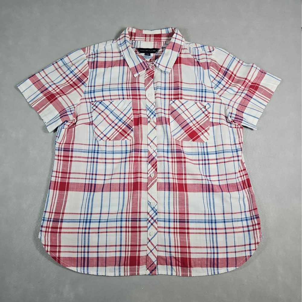 Tommy Hilfiger Womens White Red Plaid Short Sleeve Button Up Shirt Size Large
